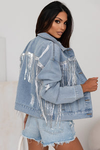 Sequin Fringe Trim Distressed Button Up Denim Jacket - Pahabu - Women's Clothing & Shop