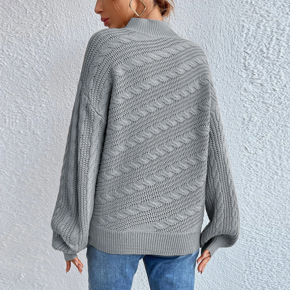 Cable-Knit Mock Neck Long Sleeve Sweater - Pahabu - Women's Clothing & Shop