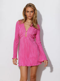 Tied Plunge Flare Sleeve Mini Dress - Pahabu - Women's Clothing & Shop