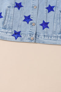 Pocketed Geometric Collared Neck Denim Jacket - Pahabu - Women's Clothing & Shop
