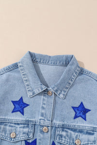 Pocketed Geometric Collared Neck Denim Jacket - Pahabu - Women's Clothing & Shop