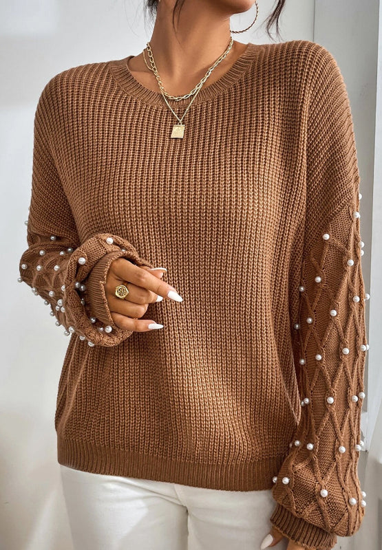 Pearl Detail Round Neck Long Sleeve Sweater - Pahabu - Women's Clothing & Shop