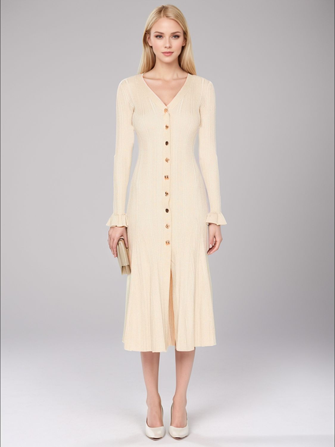 V-Neck Flounce Sleeve Sweater Dress - Pahabu - Women's Clothing & Shop