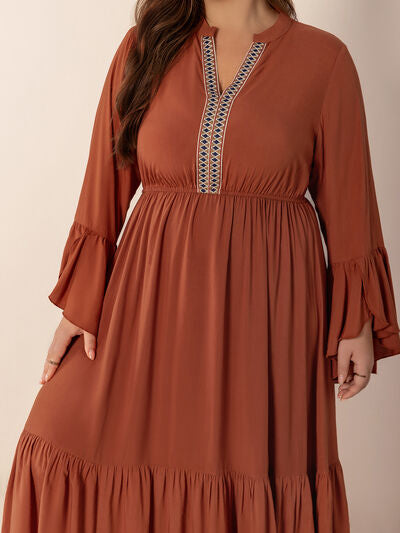 Plus Size Ruffled Notched Long Sleeve Midi Dress - Pahabu - Women's Clothing & Shop