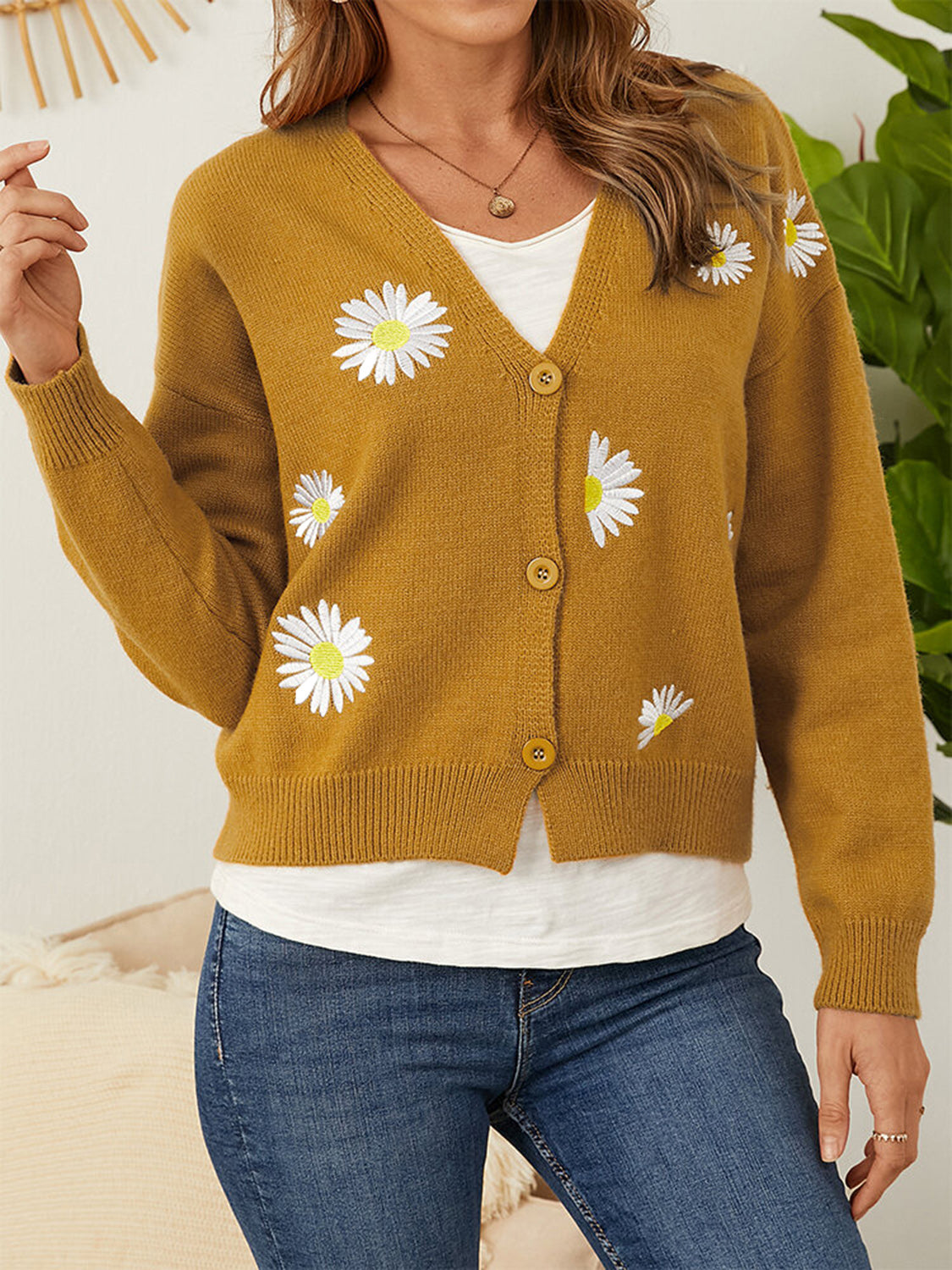 Flower Button Front Dropped Shoulder Cardigan - Pahabu - Women's Clothing & Shop
