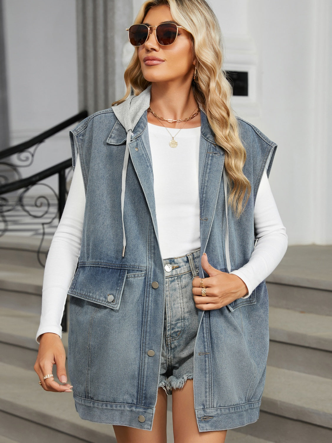 Removable Hood Button Up Cap Sleeve Denim Jacket - Pahabu - Women's Clothing & Shop