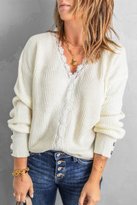 Lace Trim V-Neck Button Cuff Rib-Knit Sweater - Pahabu - Women's Clothing & Shop