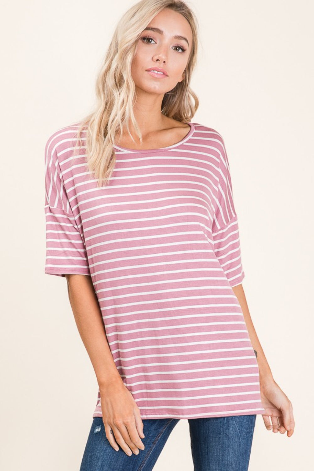 BOMBOM Striped Round Neck Half Sleeve T-Shirt