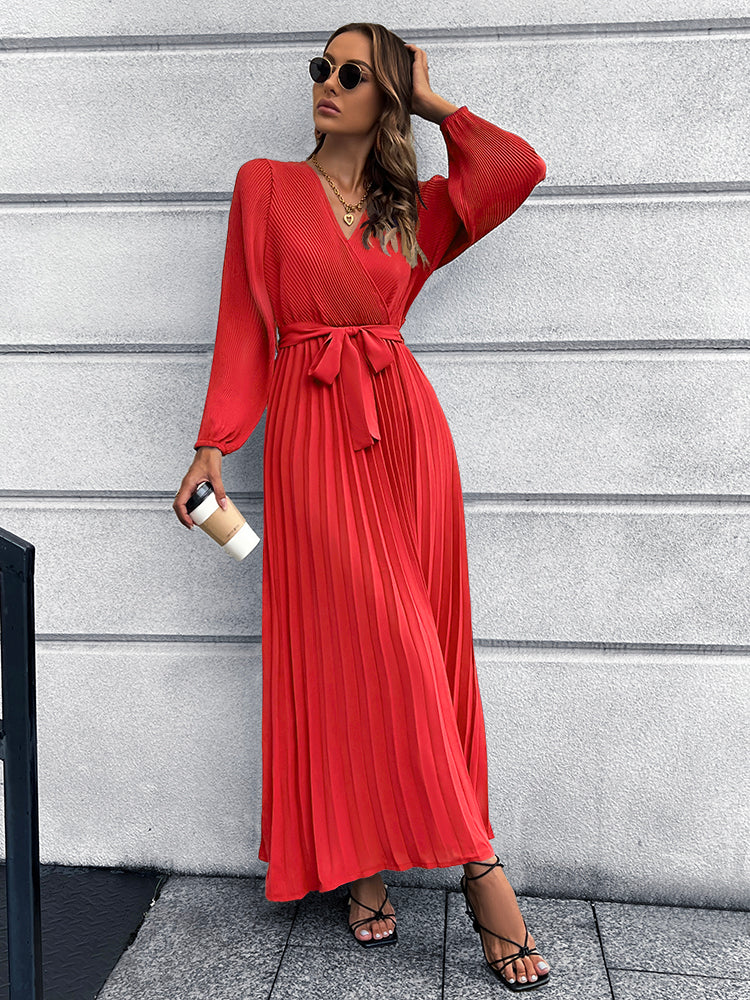 V-Neck Tie Waist Pleated Maxi Dress - Pahabu - Women's Clothing & Shop