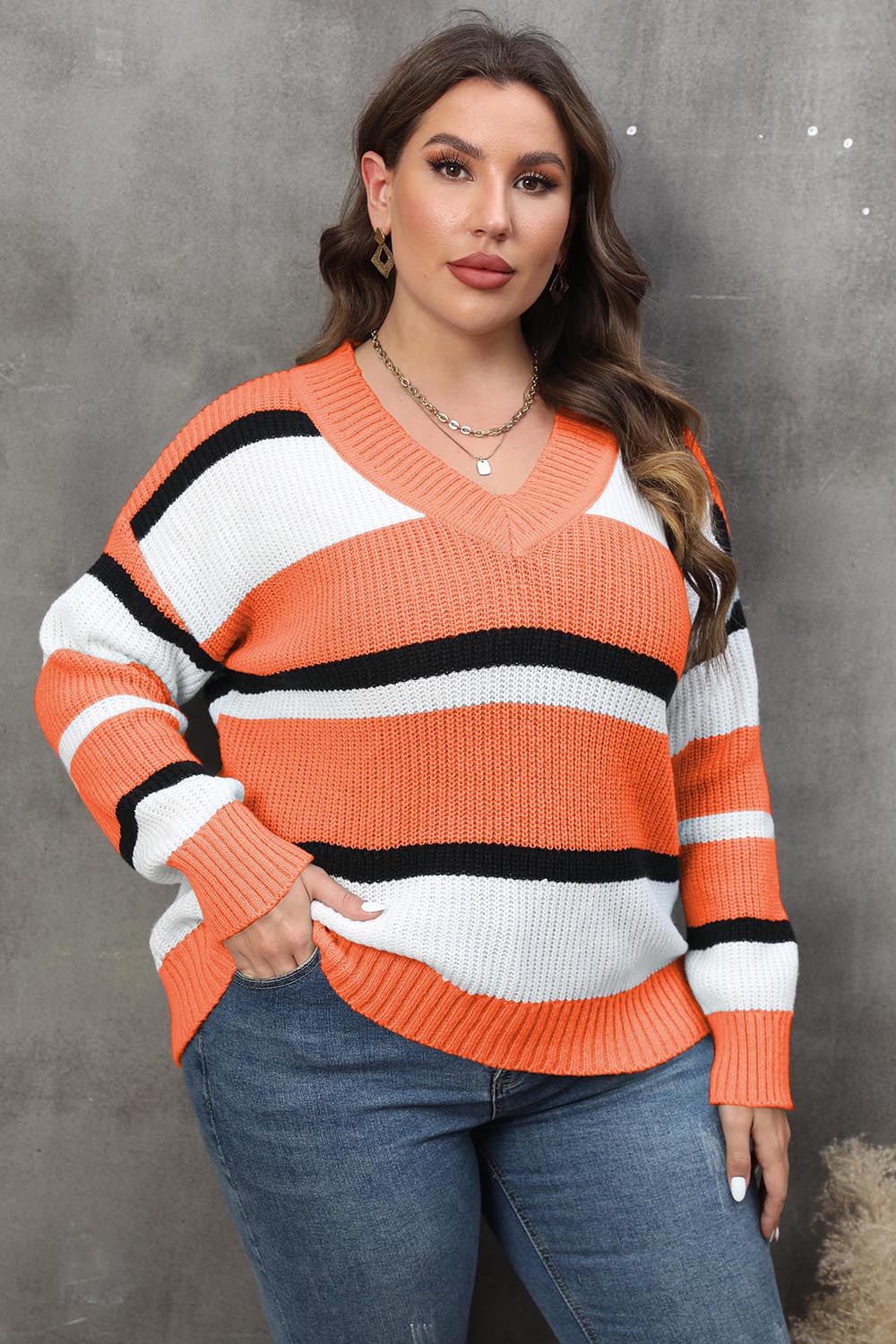 Plus Size Striped V-Neck Dropped Shoulder Sweater - Pahabu - Women's Clothing & Shop