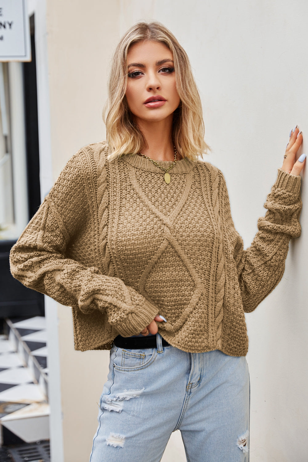 Cable-Knit Round Neck Dropped Shoulder Sweater - Pahabu - Women's Clothing & Shop