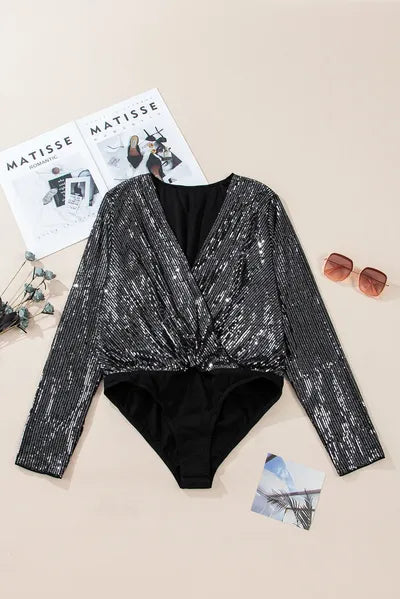 Sequin Surplice Long Sleeve Bodysuit - Pahabu - Women's Clothing & Shop