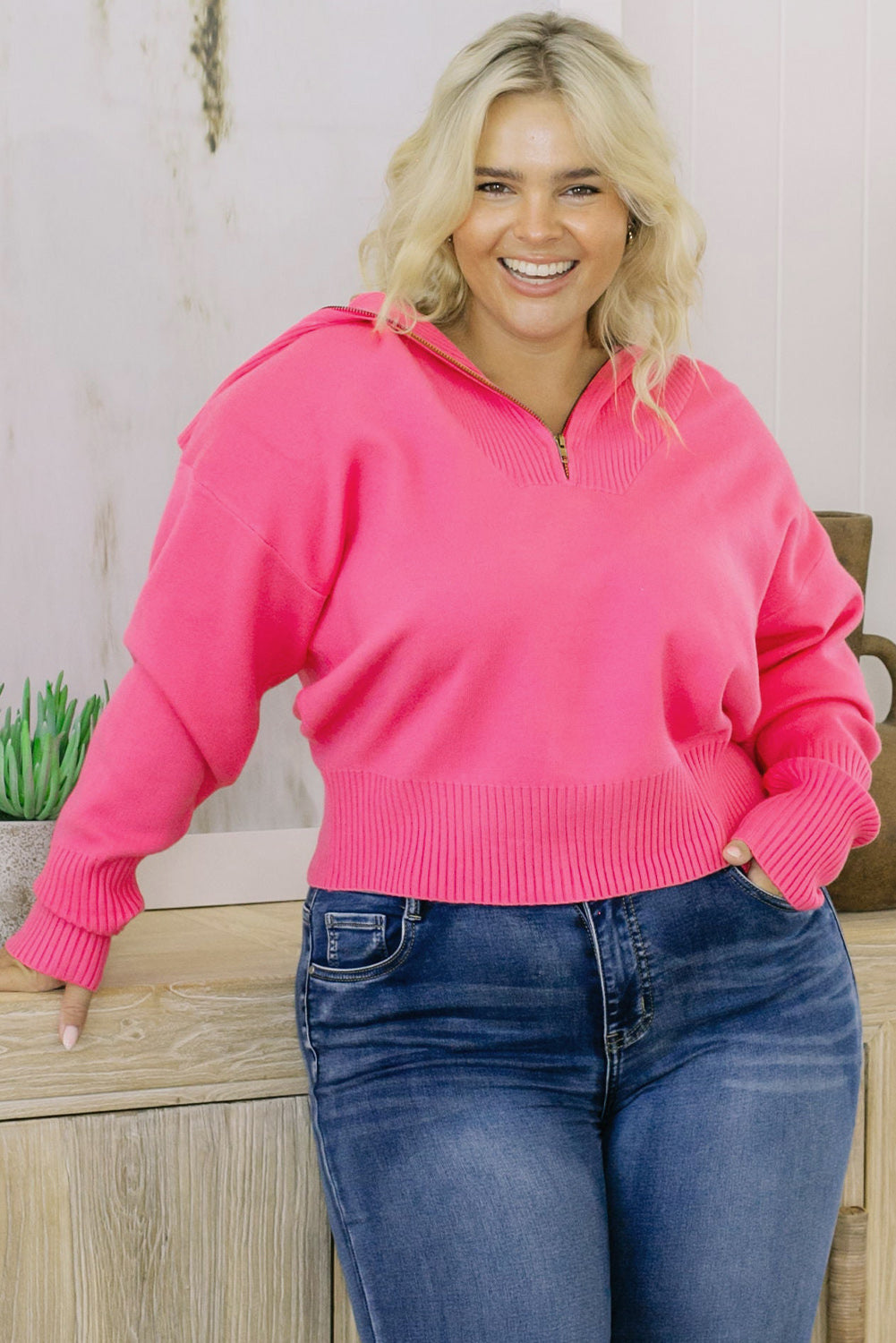 Plus Size Collared Neck Zip-Up Long Sleeve Sweater - Pahabu - Women's Clothing & Shop