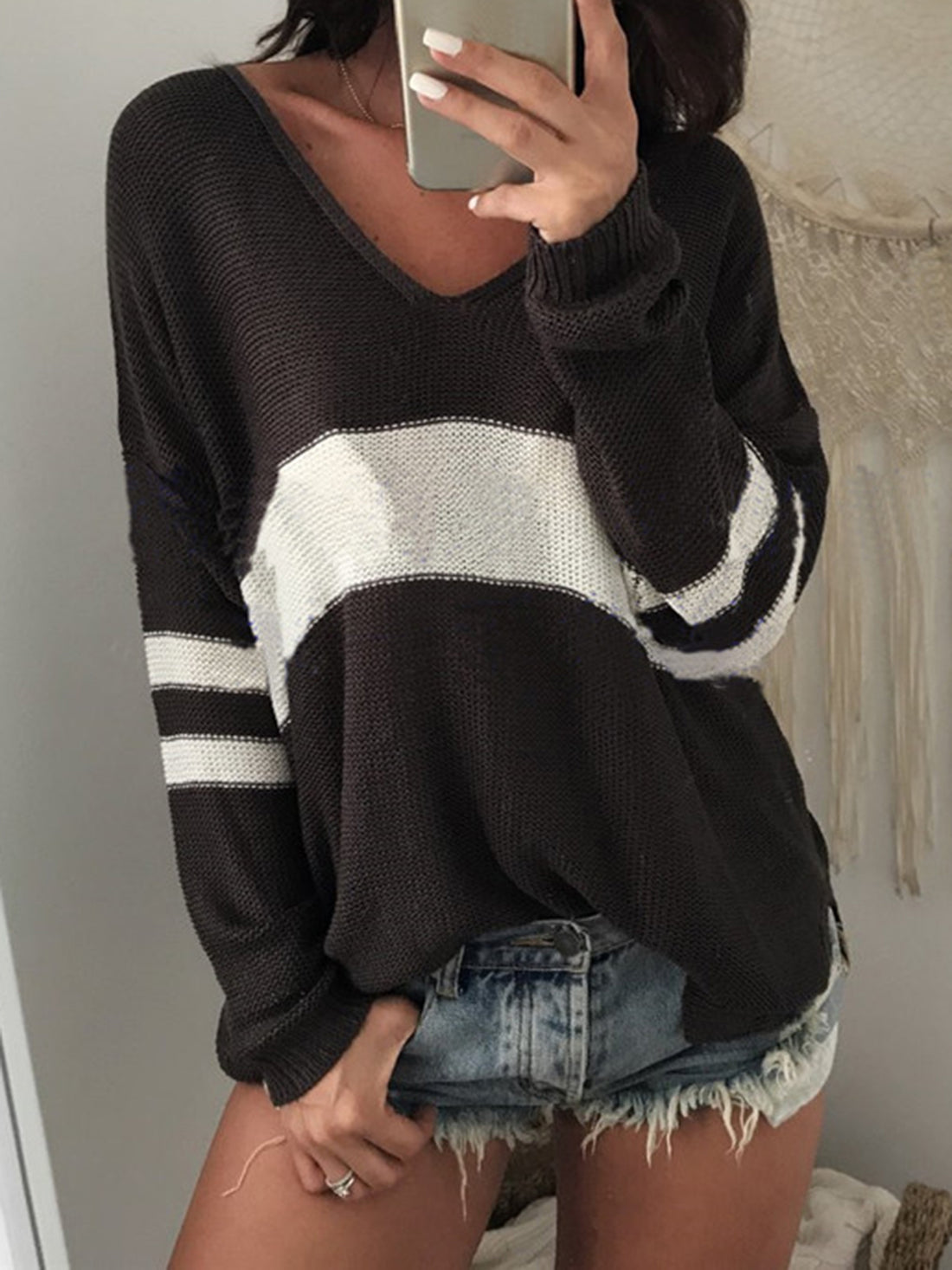 Striped V-Neck Long Sleeve Sweater - Pahabu - Women's Clothing & Shop