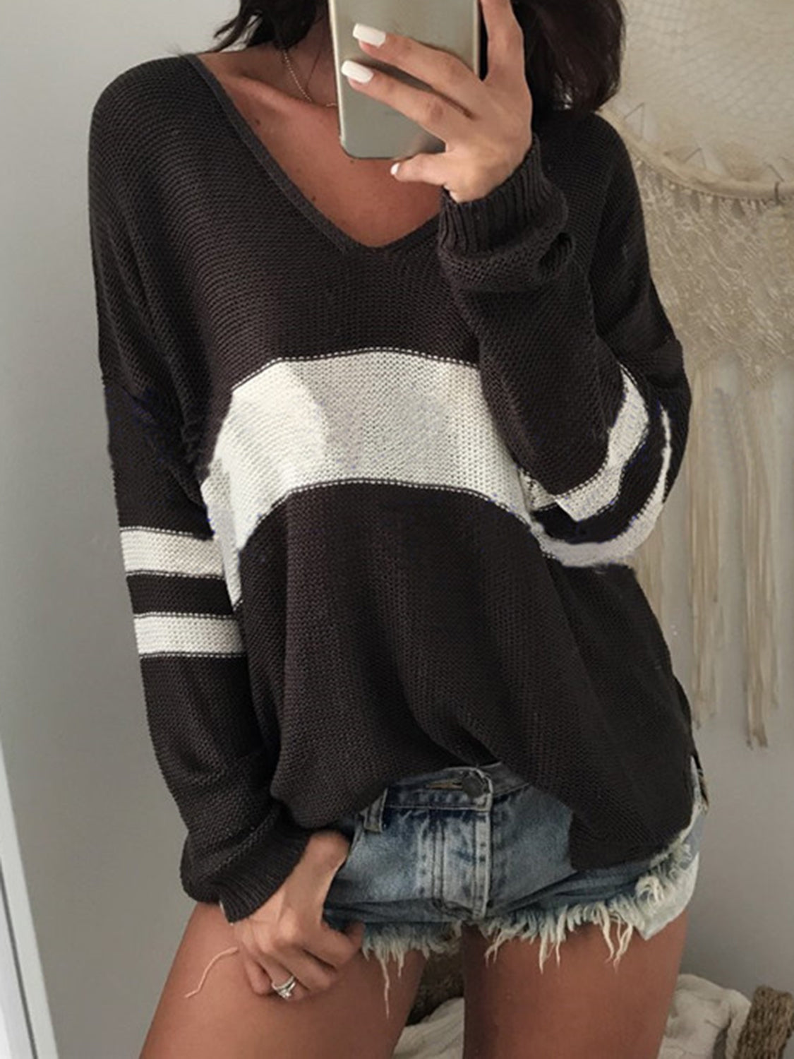 Striped V-Neck Long Sleeve Sweater - Pahabu - Women's Clothing & Shop