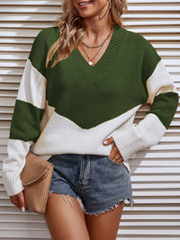 Color Block V-Neck Sweater - Pahabu - Women's Clothing & Shop