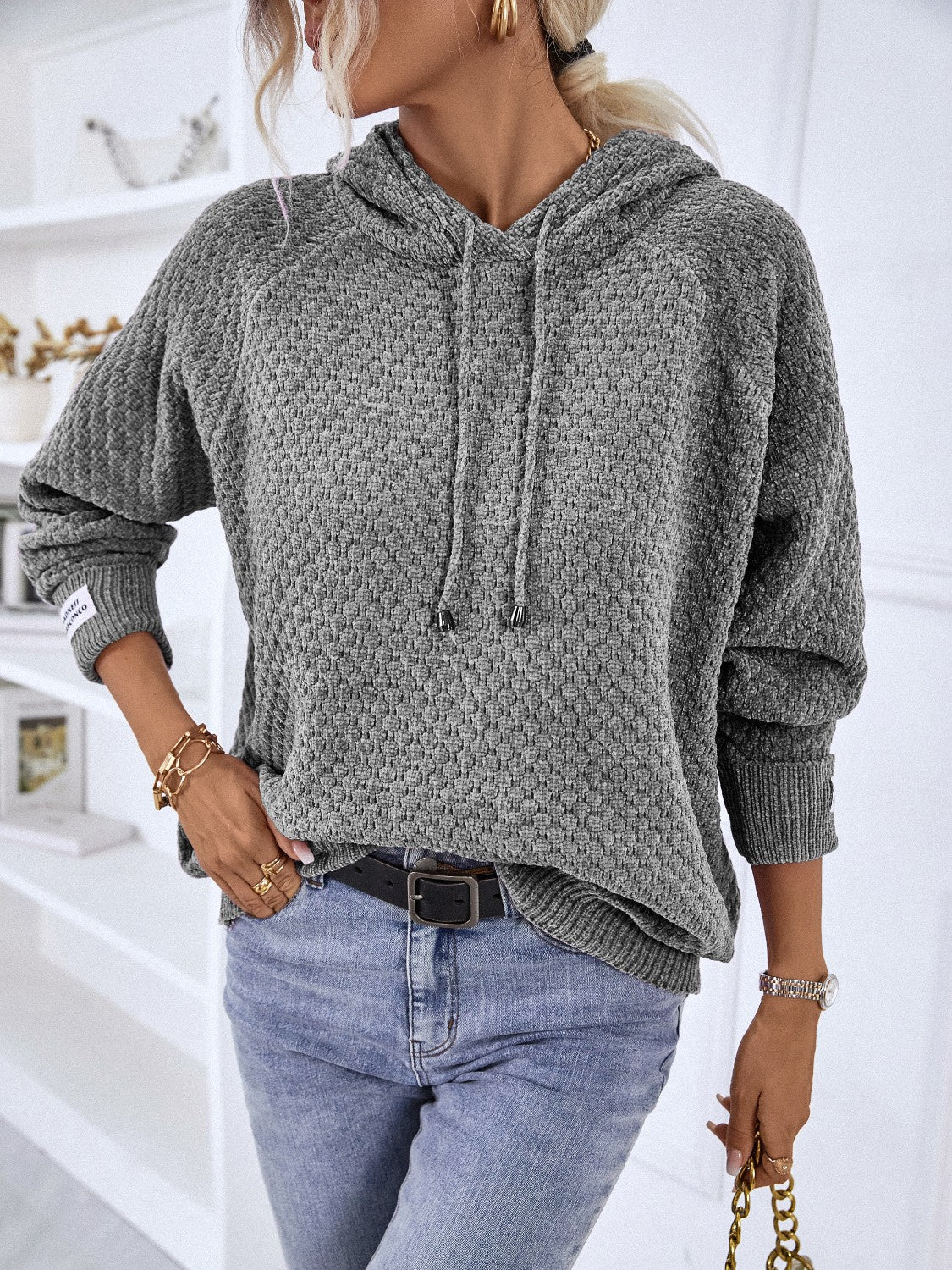 Texture Drawstring Long Sleeve Hooded Sweater - Pahabu - Women's Clothing & Shop