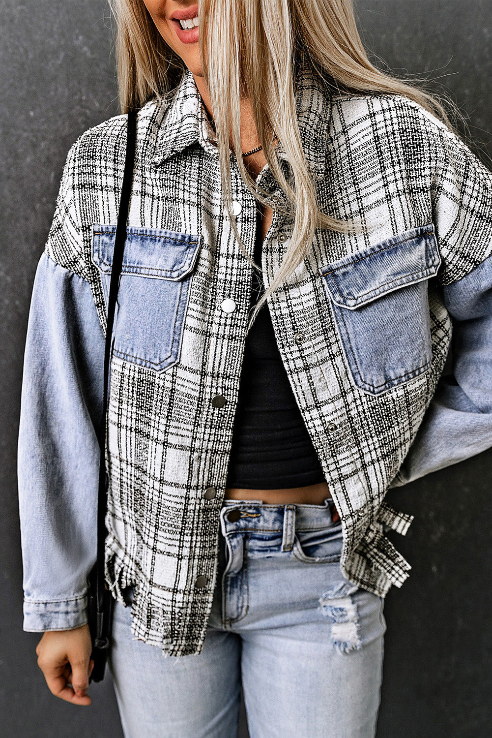 Plaid Pocketed Snap Down Denim Jacket - Pahabu - Women's Clothing & Shop