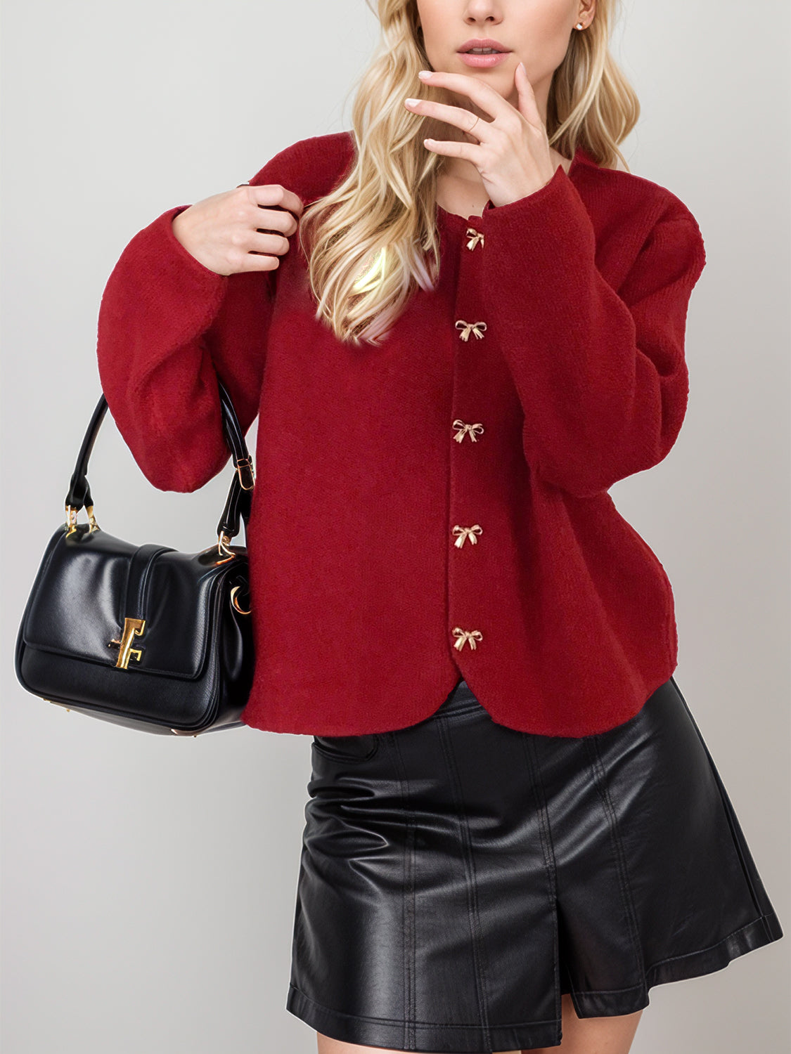 Bow Button Down Round Neck Long Sleeve Cardigan - Pahabu - Women's Clothing & Shop
