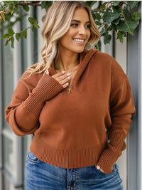 Plus Size Collared Neck Zip-Up Long Sleeve Sweater - Pahabu - Women's Clothing & Shop