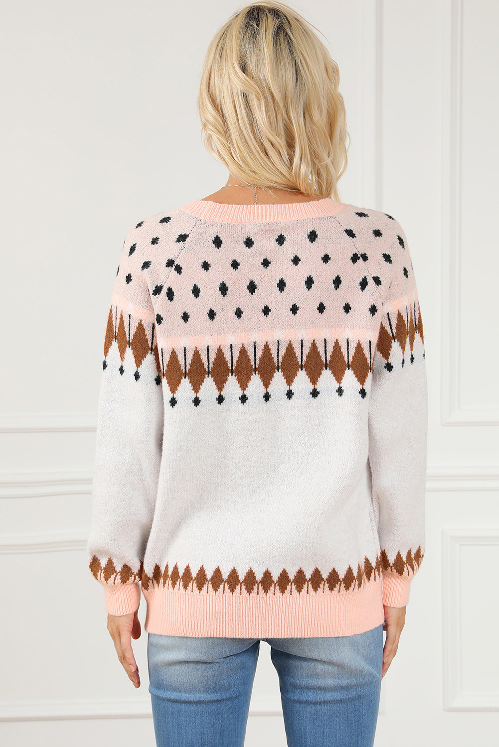 Geometric Round Neck Long Sleeve Sweater - Pahabu - Women's Clothing & Shop