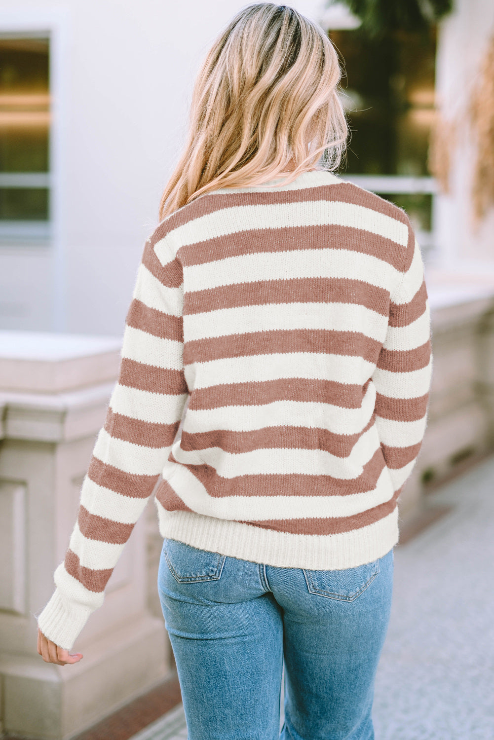 Striped Round Neck Long Sleeve Sweater - Pahabu - Women's Clothing & Shop