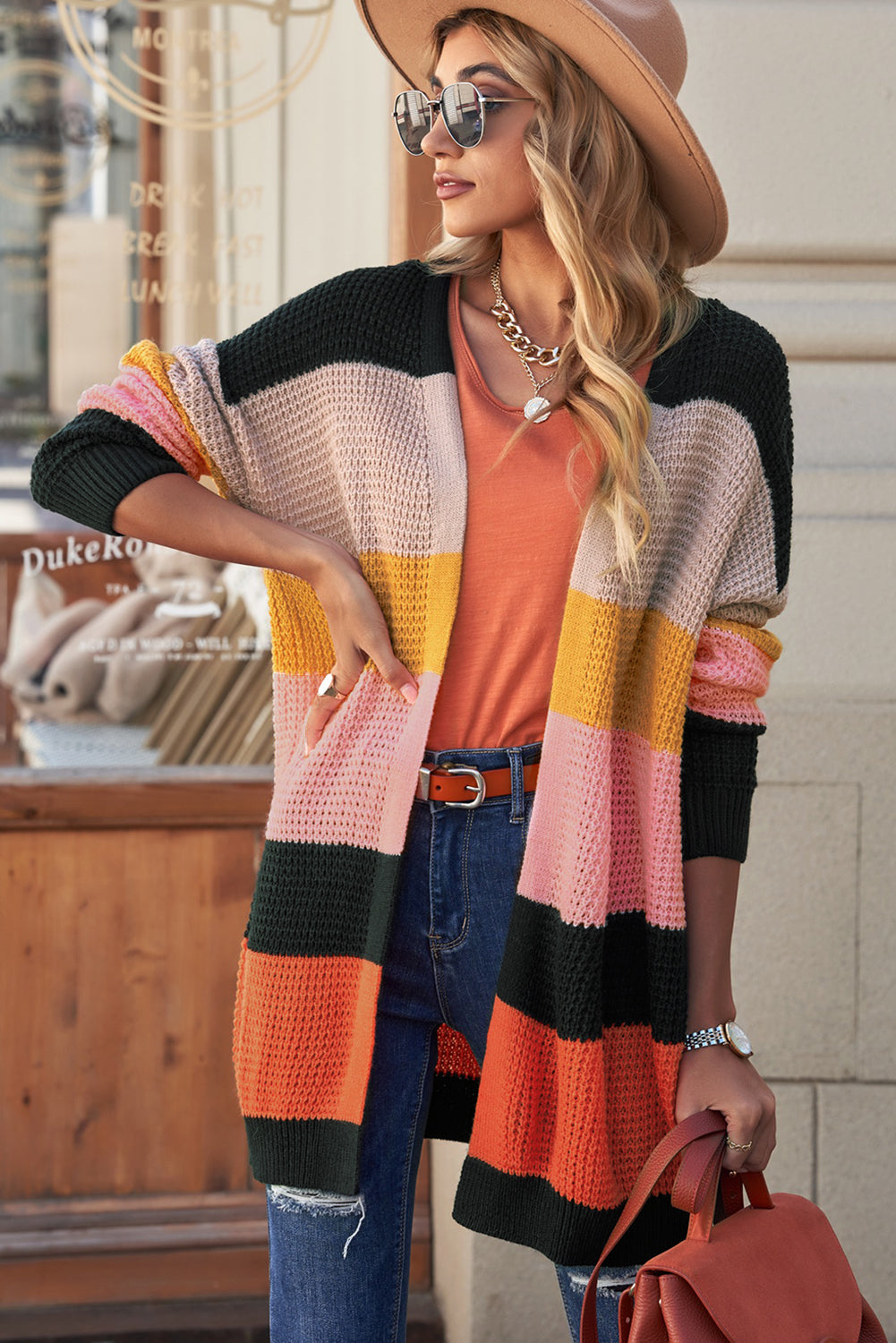 Striped Waffle Knit Open Front Cardigan - Pahabu - Women's Clothing & Shop