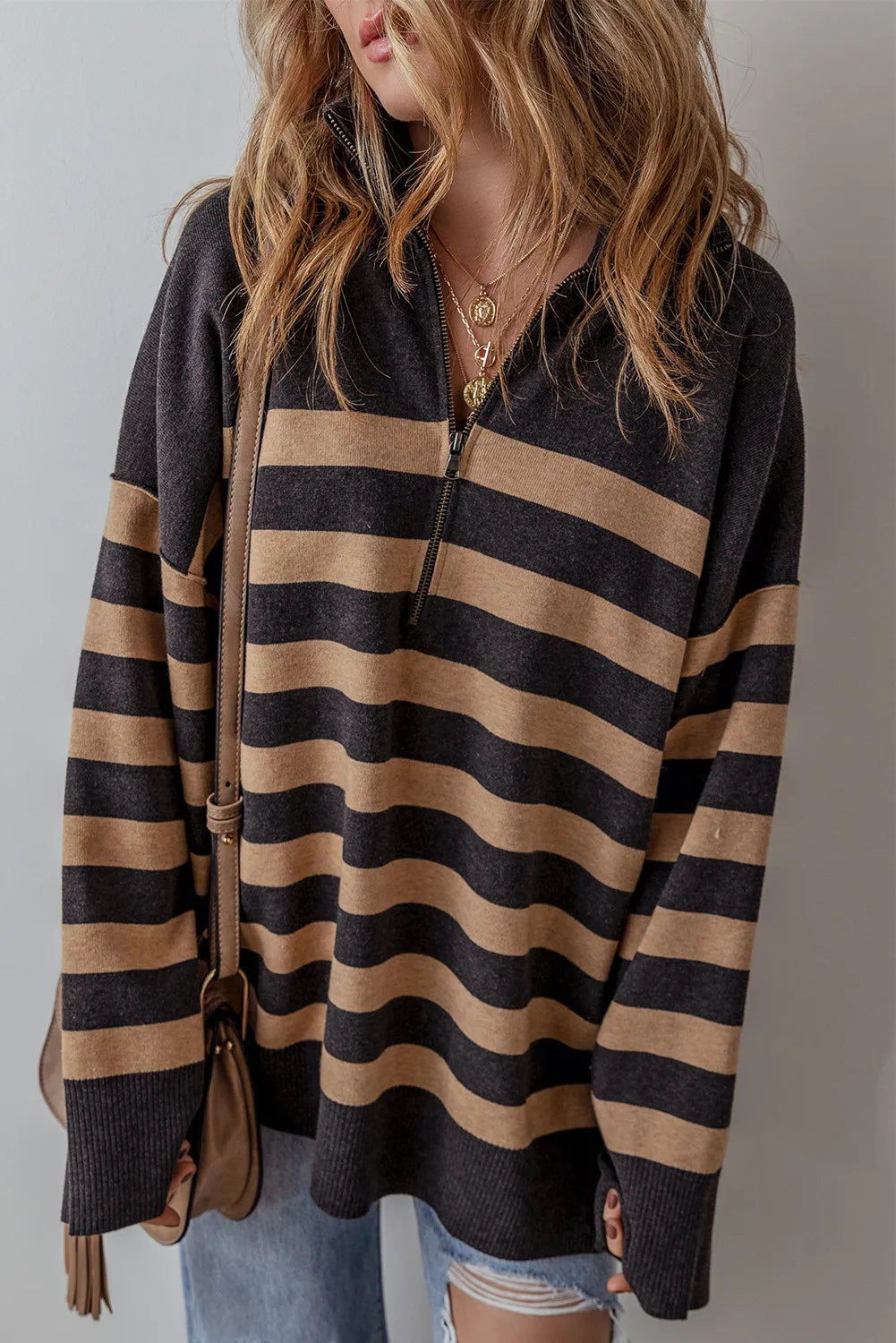 Striped Half Zip Long Sleeve Knit Top - Pahabu - Women's Clothing & Shop