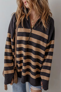 Striped Half Zip Long Sleeve Knit Top - Pahabu - Women's Clothing & Shop