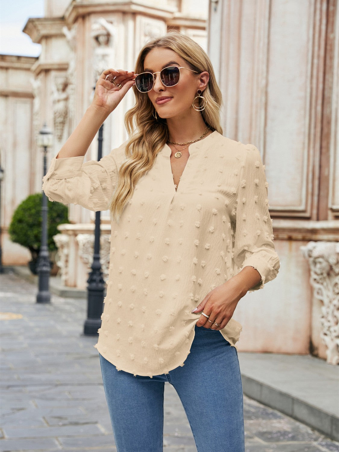 Swiss Dot Notched Neck Blouse - Pahabu - Women's Clothing & Shop