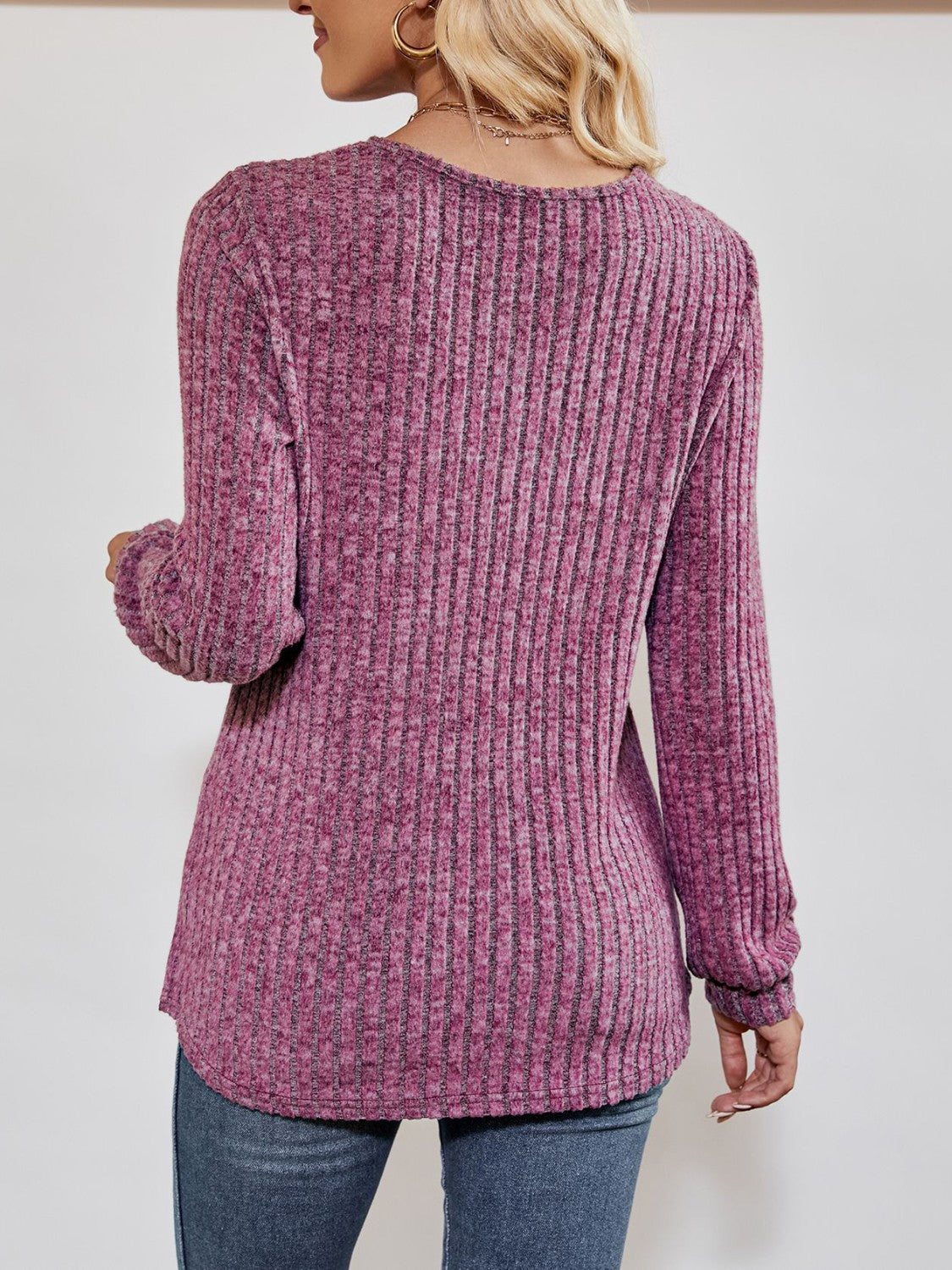 V-Neck Ribbed Long Sleeve Top - Pahabu - Women's Clothing & Shop