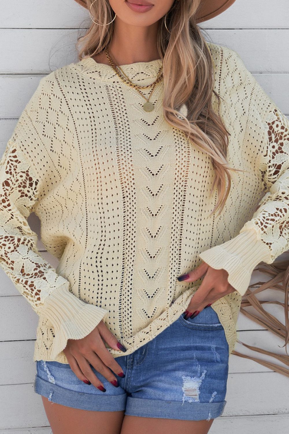Openwork Round Neck Long Sleeve Sweater - Pahabu - Women's Clothing & Shop
