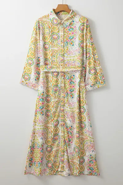 Tied Printed Long Sleeve Midi Dress - Pahabu - Women's Clothing & Shop