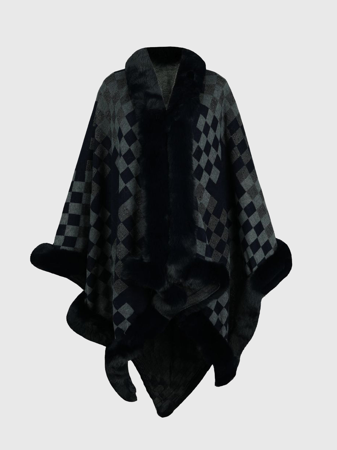 Checkered Faux Fur Trim Poncho - Pahabu - Women's Clothing & Shop