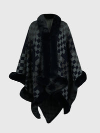 Checkered Faux Fur Trim Poncho - Pahabu - Women's Clothing & Shop