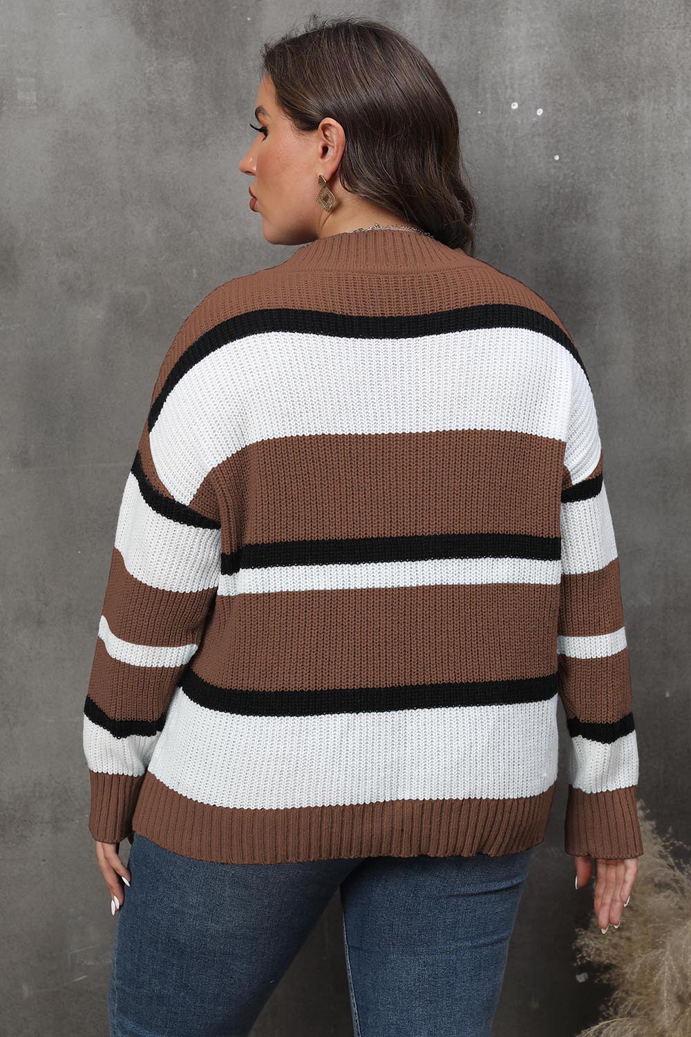 Plus Size Striped V-Neck Dropped Shoulder Sweater - Pahabu - Women's Clothing & Shop