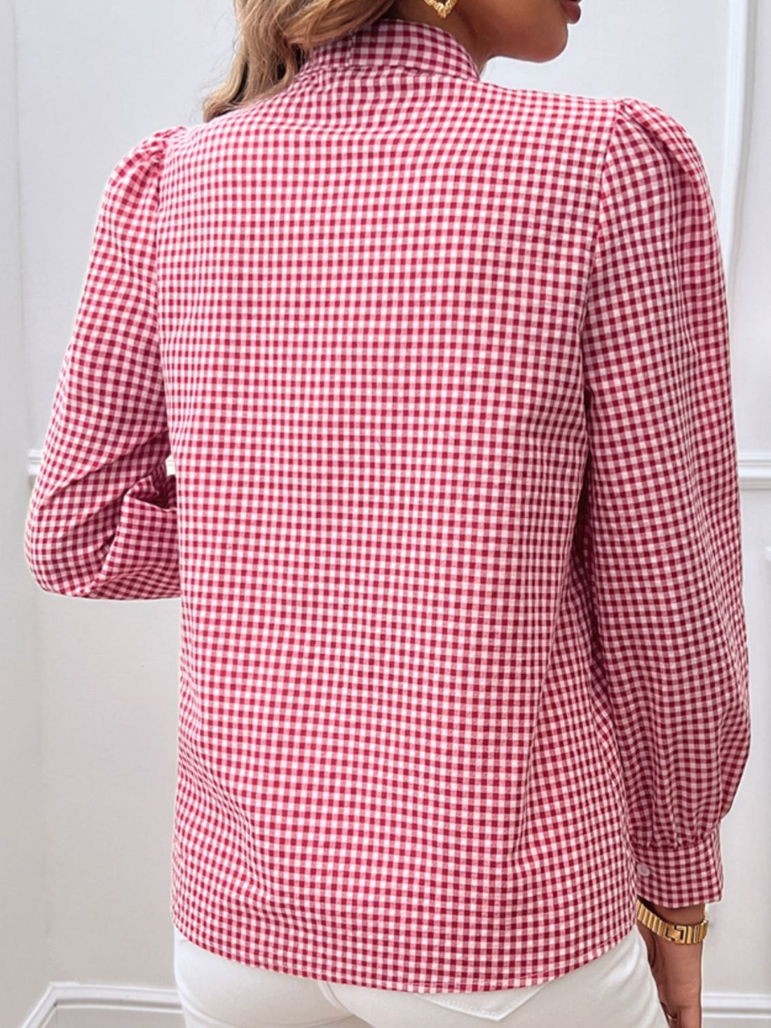 Devine Pocketed Plaid Tie Neck Long Sleeve Shirt - Pahabu - Women's Clothing & Shop