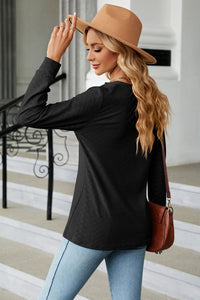 Notched Neck Long Sleeve Buttoned Blouse - Pahabu - Women's Clothing & Shop