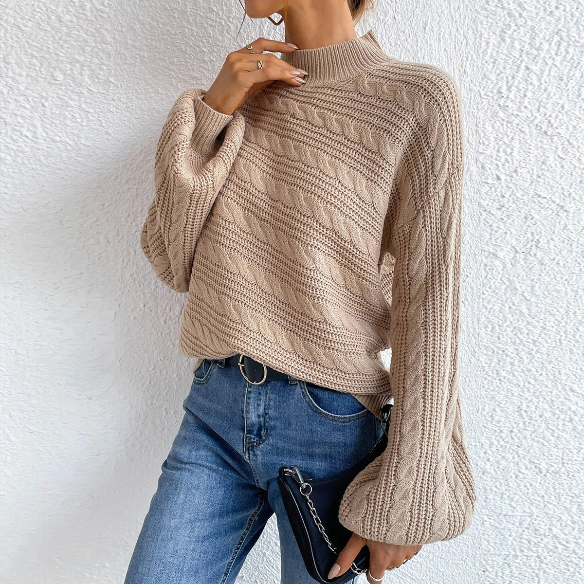 Cable-Knit Mock Neck Long Sleeve Sweater - Pahabu - Women's Clothing & Shop