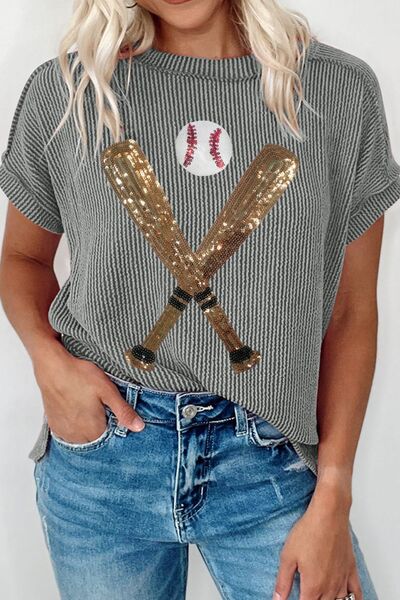 Sequin Baseball Round Neck Short Sleeve T-Shirt - Pahabu - Women's Clothing & Shop