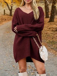 V-Neck Dropped Shoulder Sweater Dress - Pahabu - Women's Clothing & Shop