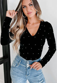 Pearl Detail Velvet V-Neck Long Sleeve Bodysuit - Pahabu - Women's Clothing & Shop