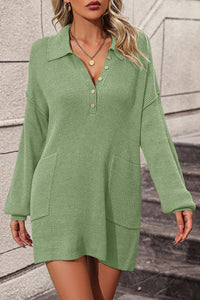 Collared Neck Long Sleeve Sweater Dress with Pockets - Pahabu - Women's Clothing & Shop