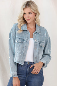 Distressed Pearl Trim Button Up Denim Jacket - Pahabu - Women's Clothing & Shop