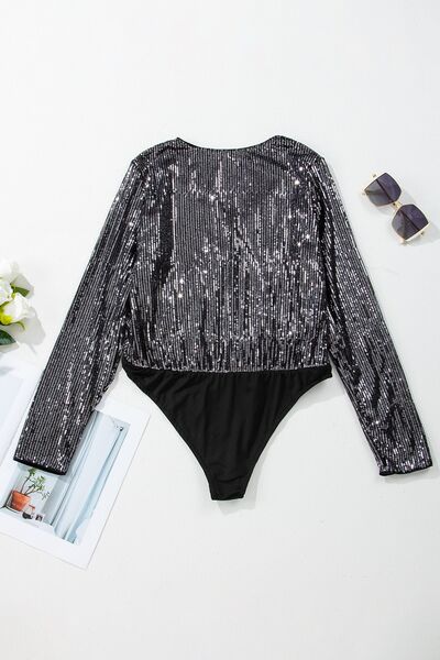 Sequin Surplice Long Sleeve Bodysuit - Pahabu - Women's Clothing & Shop