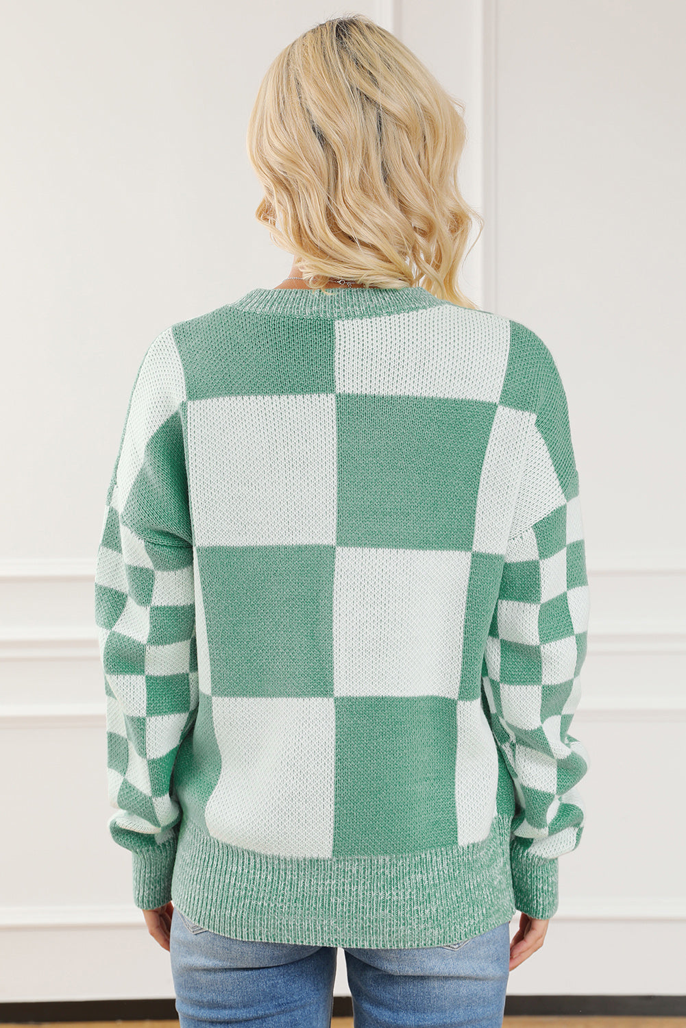 Checkered Drop Shoulder Long Sleeve Sweater - Pahabu - Women's Clothing & Shop