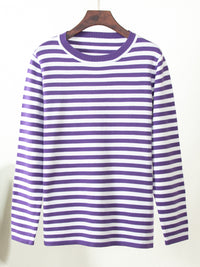 Striped Round Neck Long Sleeve Sweater - Pahabu - Women's Clothing & Shop