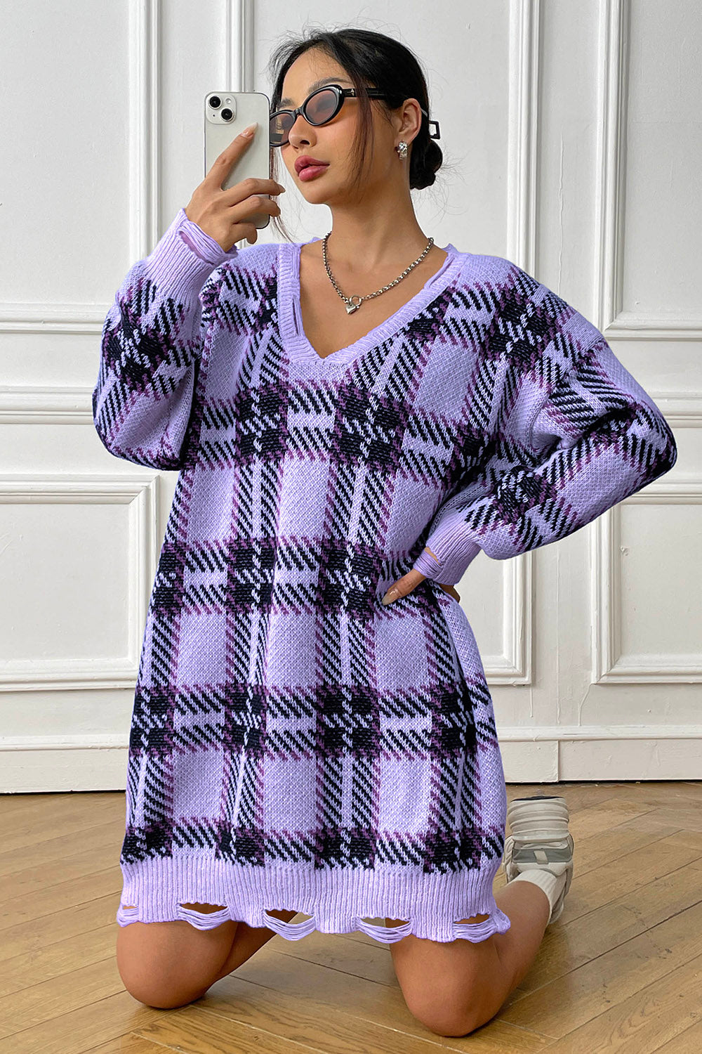 Plaid V-Neck Long Sleeve Sweater Dress - Pahabu - Women's Clothing & Shop