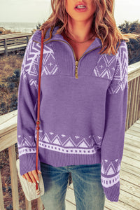 Zip-Up Mock Neck Dropped Shoulder Pullover Sweater - Pahabu - Women's Clothing & Shop