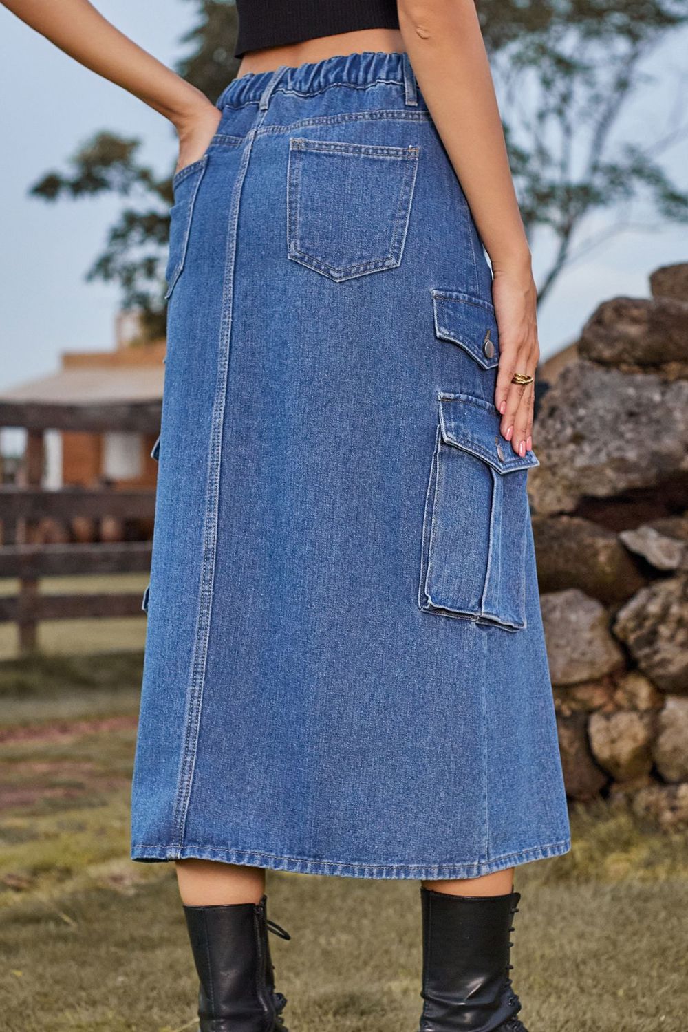 Slit Front Midi Denim Skirt with Pockets - Pahabu - Women's Clothing & Shop